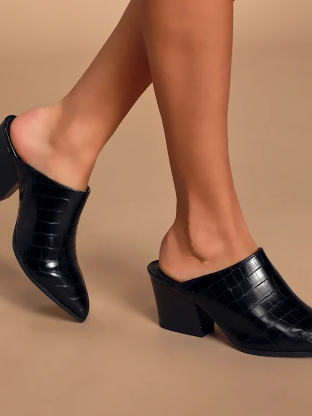 Meredith Black Crocodile Pointed-Toe Mules
